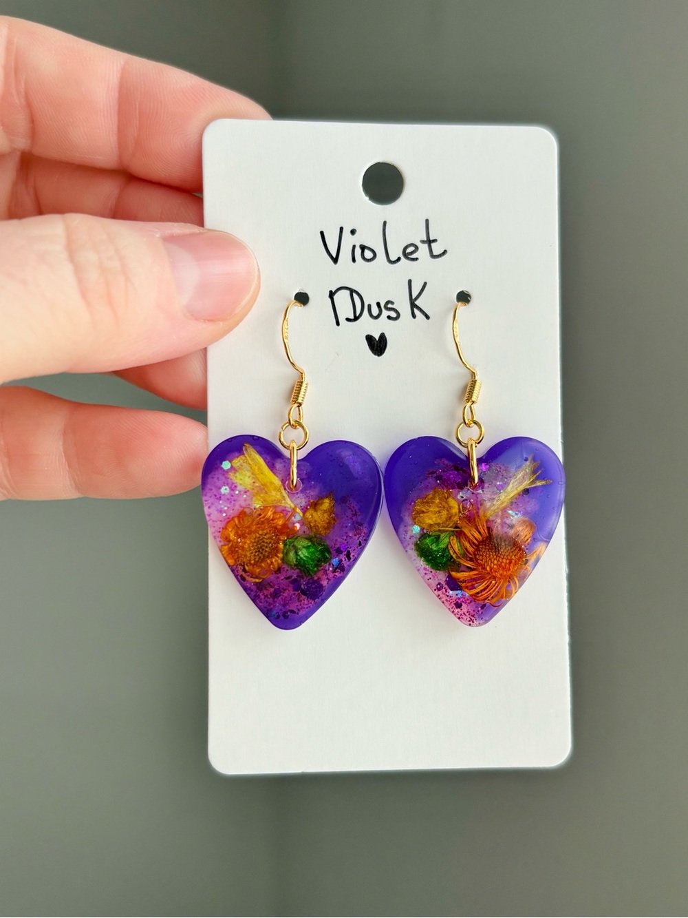 Violet Dusk Resin Heart Earrings Handmade Real Dried Flower Purple Botanical